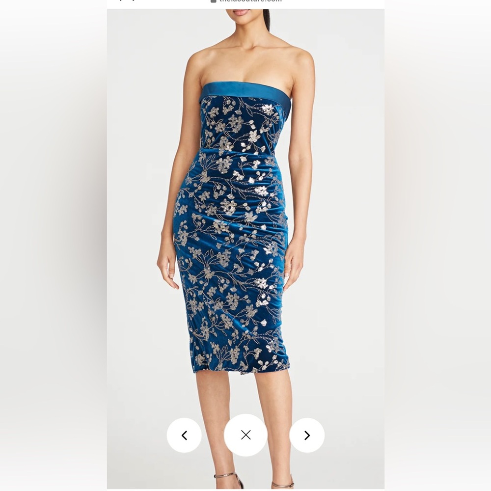 Theia Blue midi strapless cocktail dress